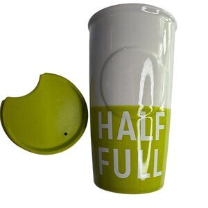 STARBUCKS Ceramic Tumbler White / Lime Green with Lid.  HALF FULL.  10 oz.